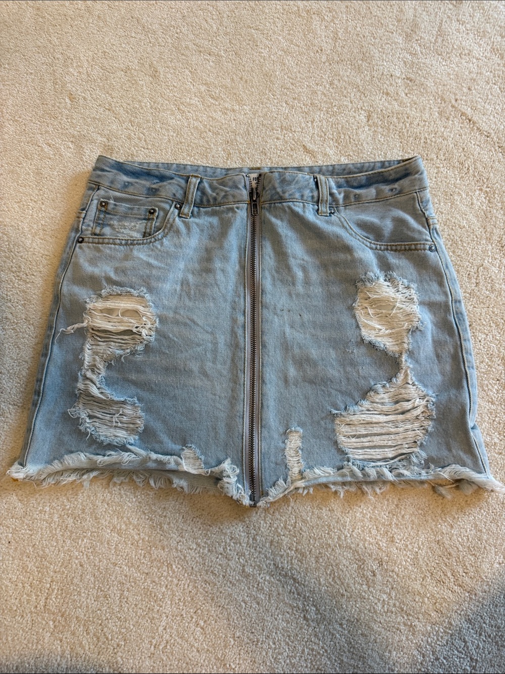 Forever 21 Light Blue Distressed Denim Mini Skirt with Front Zip